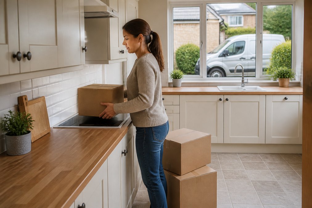 A homeowner in casual clothes clearing kitchen counters and moving boxes away from walls, with a professional pest control van visible through the window, natural daylight, realistic UK home interior
