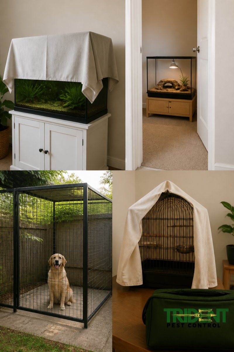 Multiple pet scenarios, a covered aquarium, a reptile enclosure in a separate room, a dog in an outdoor secure area, and a bird cage covered with a cloth, showing proper isolation during pest treatment