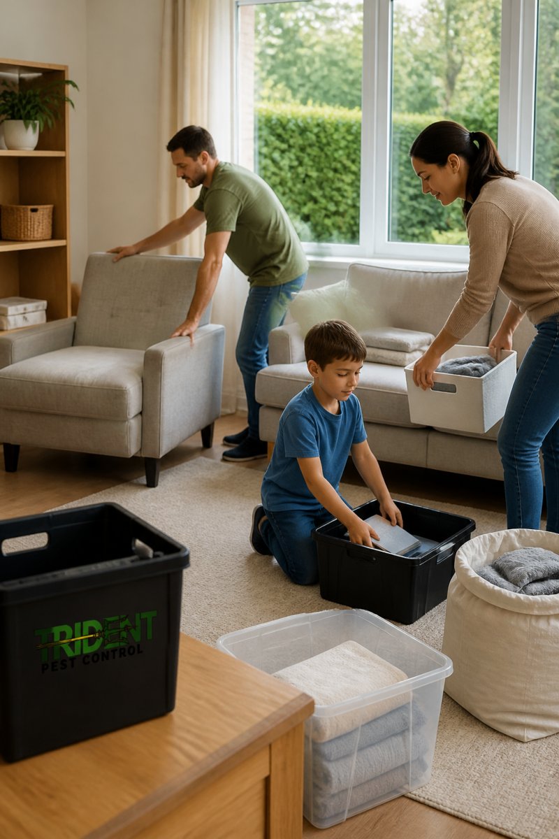 Family in a living room actively decluttering and organizing, removing boxes and personal items from floors and corners, with storage containers visible and furniture pulled away from walls, bright natural lighting from windows