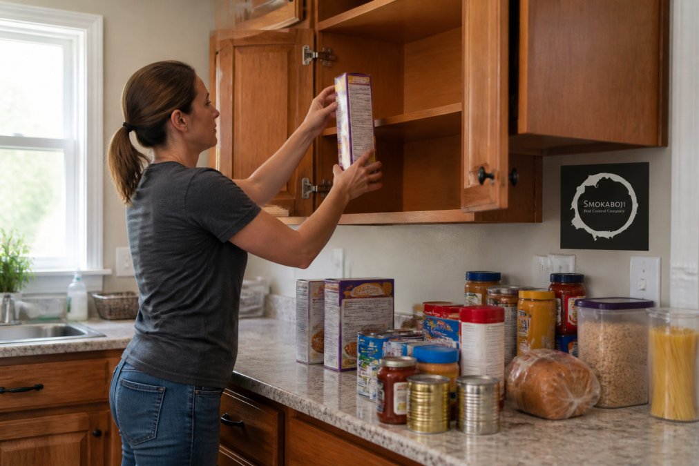 A homeowner in casual clothes pulling cereal boxes and pantry staples out of a kitchen cabinet and stacking them on a counter, open cabinet doors showing empty shelves, daylight from a nearby window