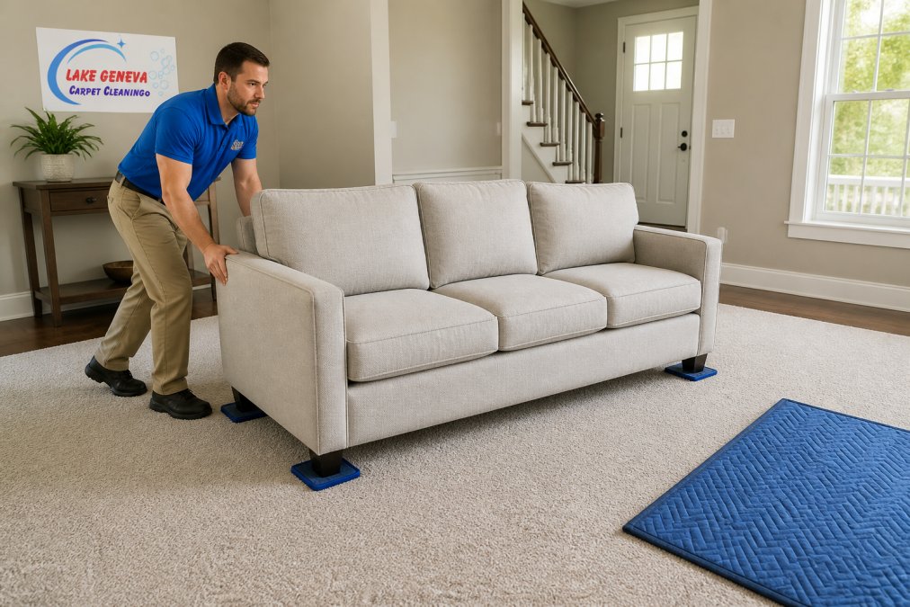 Homeowner carefully moving a sofa across a living room with protective padding underneath furniture legs to prevent floor damage, natural daylight from windows