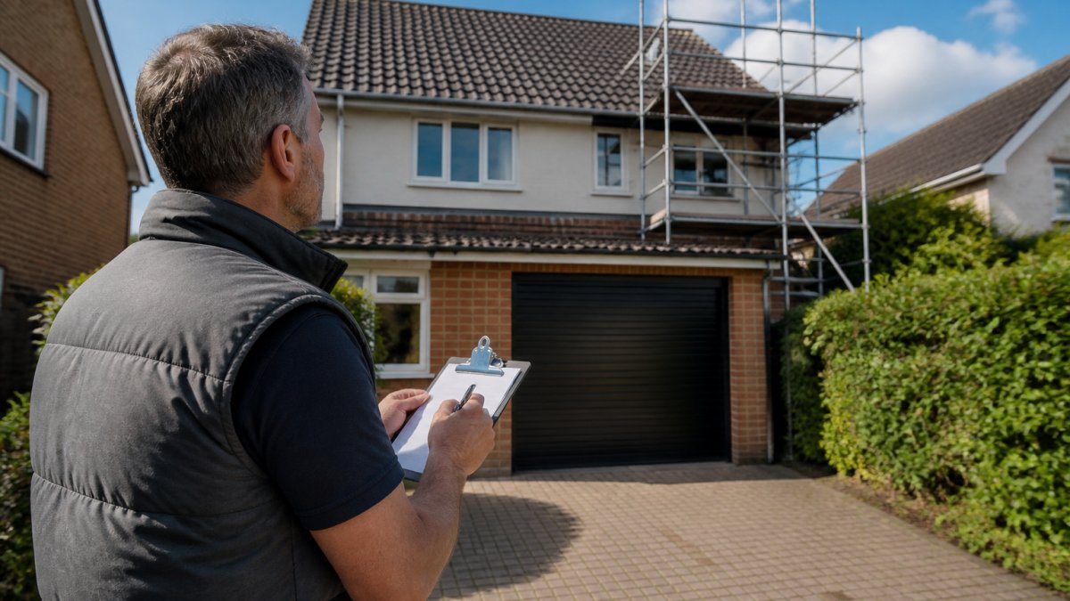 Homeowner with a clipboard reviewing preparation tasks before roof installation begins