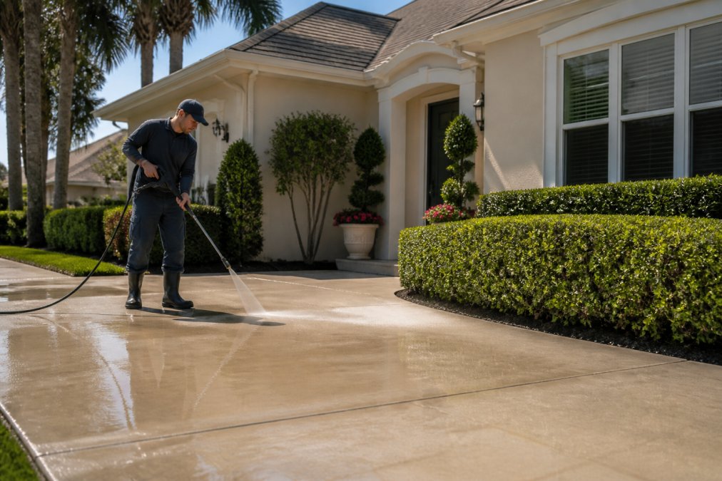A freshly pressure-washed concrete driveway leading to a well-kept home exterior with trimmed green hedges, potted flowering plants flanking the front door, and warm afternoon sunlight casting soft shadows across the facade