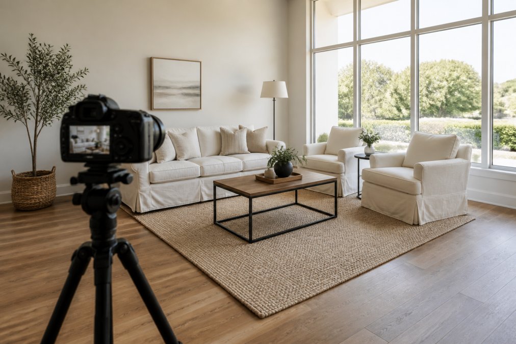 A bright, minimally furnished living room staged for sale, with white slipcovered furniture, a simple neutral area rug, afternoon light streaming through spotless floor-to-ceiling windows, and a professional DSLR camera on a tripod positioned in the foreground