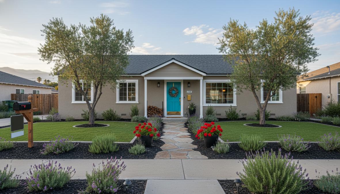 A well-maintained single-story Fresno-area home exterior on a sunny afternoon with drought-tolerant native plants lining the walkway, a freshly painted deep blue front door, clean concrete driveway, and neatly trimmed hedges casting soft shadows