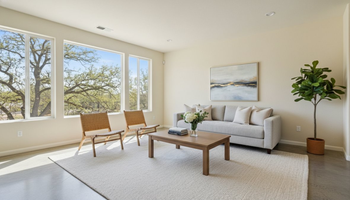 A bright, airy living room staged for a Fresno home showing with neutral linen sofa, minimal furniture, a small vase of white flowers on a light wood coffee table, afternoon sunlight streaming through spotless windows, and bare walls with a single framed art piece