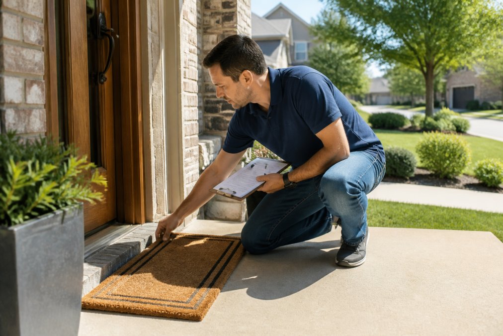 A homeowner in casual clothes placing a fresh welcome mat on the front porch of a suburban Texas home, with a clipboard and checklist in hand, bright natural daylight