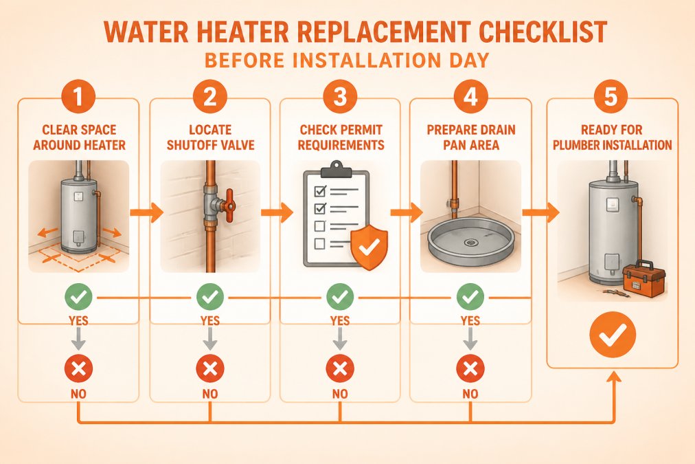 Flowchart showing pre-installation checklist: Clear space around heater (yes/no) → Locate shutoff valve (yes/no) → Check permit requirements (yes/no) → Prepare drain pan area (yes/no) → Ready for plumber installation