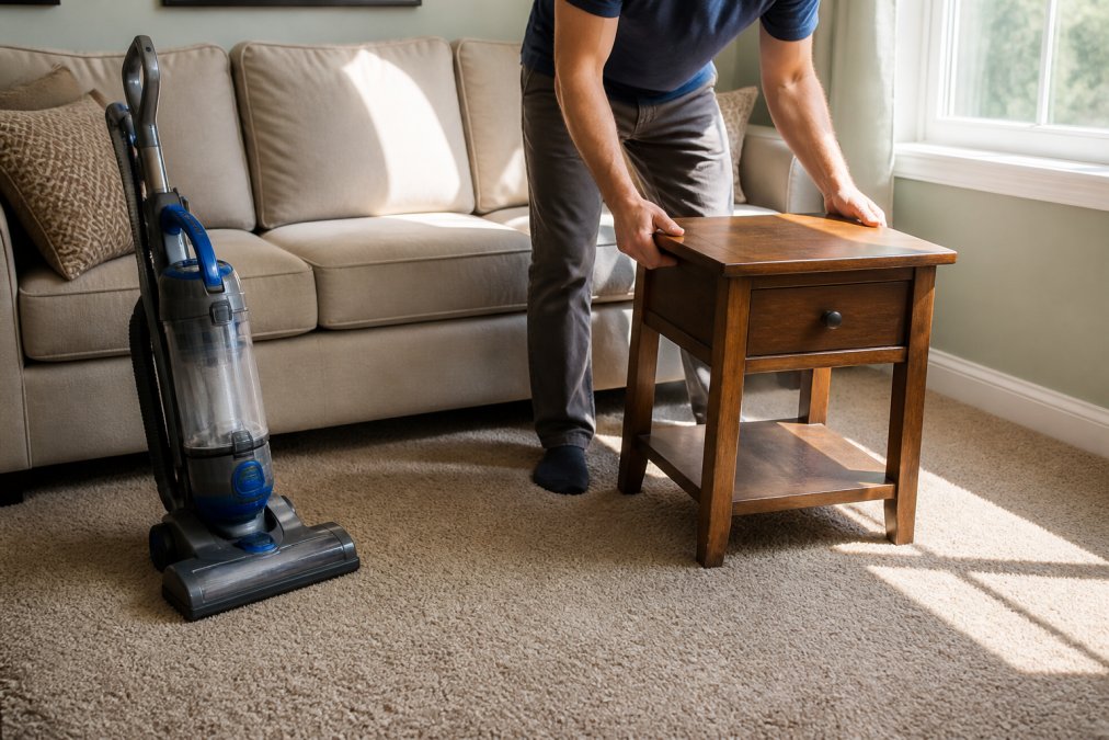 Step 1 of the carpet cleaning service process: clearing furniture and vacuuming the floor thoroughly.
