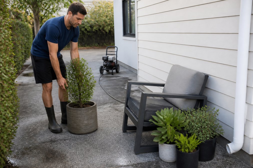 Homeowner moving outdoor furniture and plants for pressure washing preparation outside a Sydney house