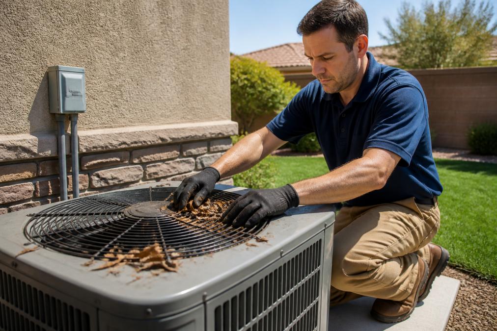 Homeowner clearing leaves from an outdoor AC unit for HVAC summer prep in a sunny suburban backyard