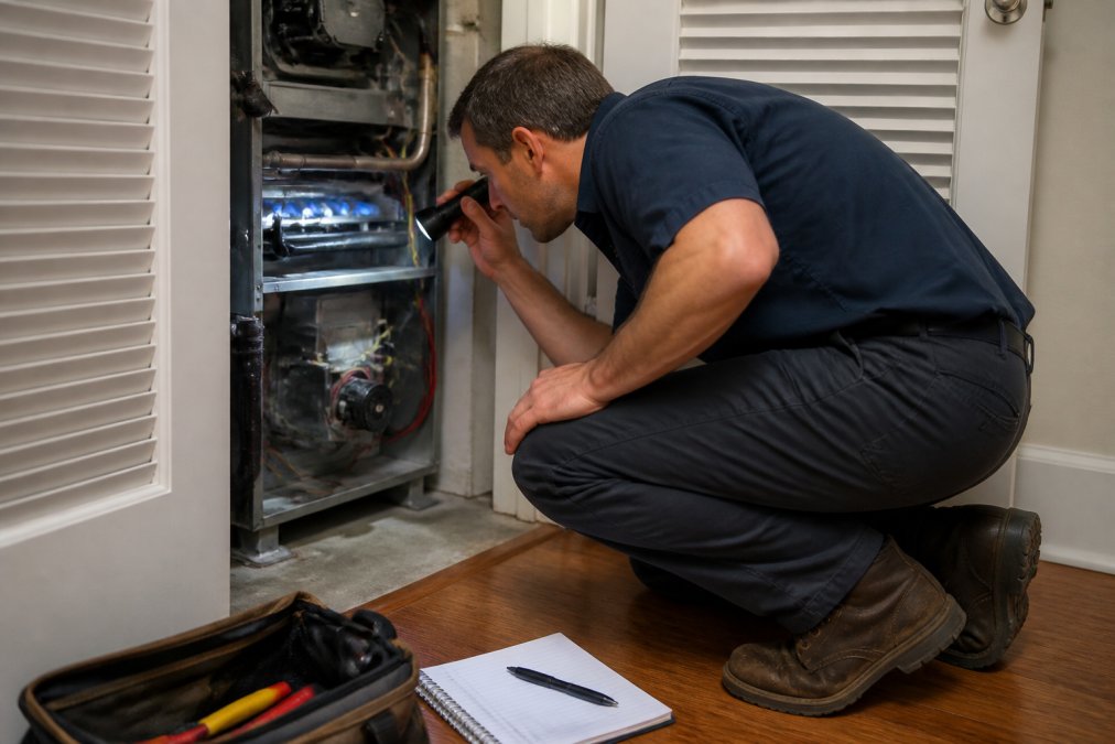A homeowner kneeling beside an open furnace closet, holding a flashlight and inspecting the unit's burners, with a notebook and pen on the floor nearby