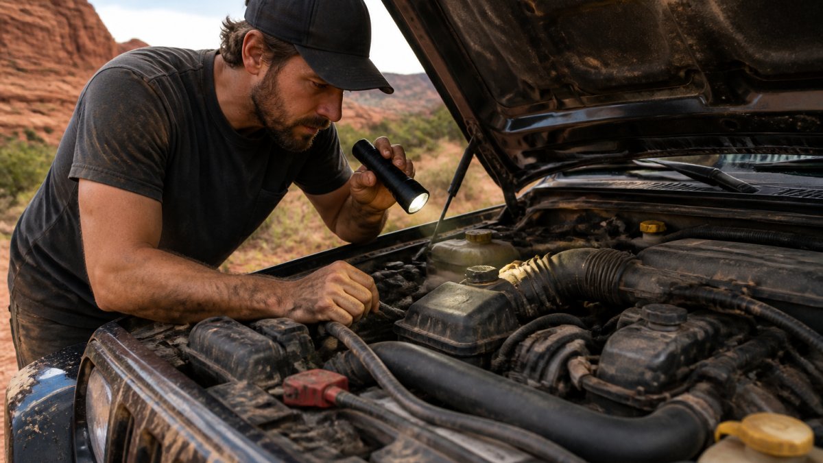 Mechanic checking under the hood of a Jeep, inspecting engine components, hoses, and fluid levels with flashlight before a trail run