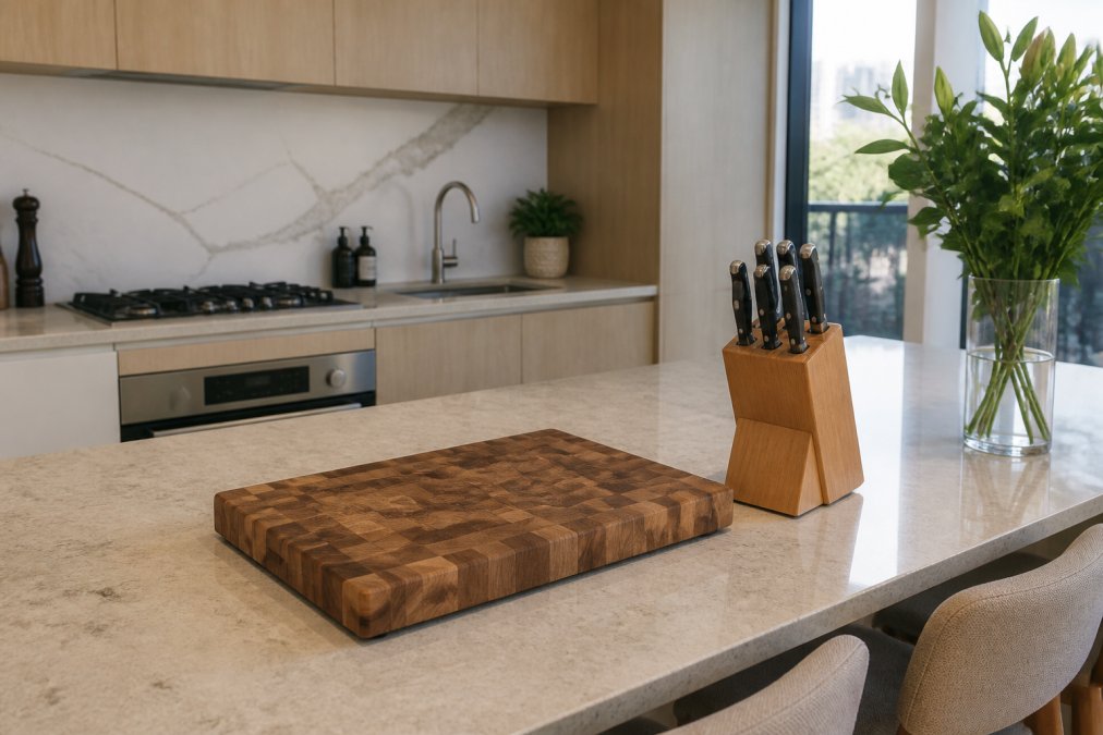 A clean, organised home kitchen bench in a Sydney apartment with a wooden chopping board, a chef's knife block, and freshly wiped stone surfaces ready for a professional cook