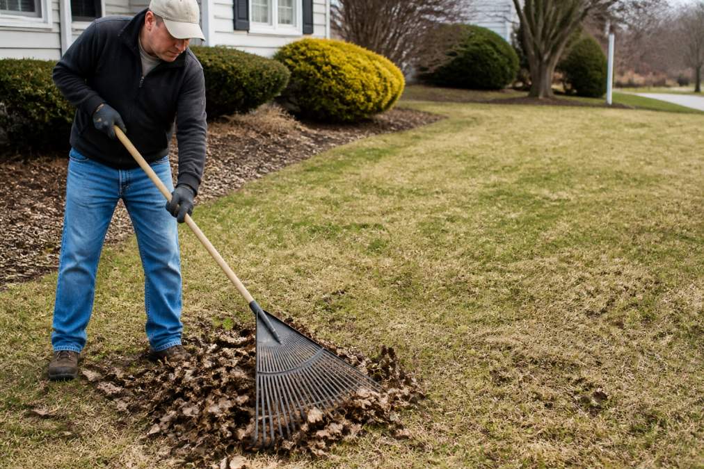 Homeowner using a rake to clear winter leaves and debris from lawn in early spring, with patches of dormant grass visible and green growth beginning to emerge
