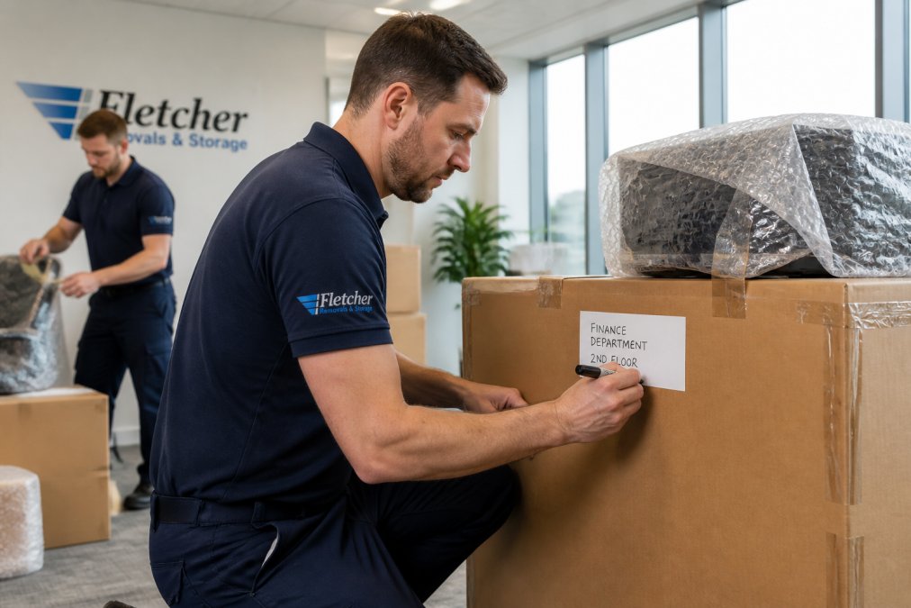 Removal team carefully wrapping equipment and labelling crates for an office relocation.