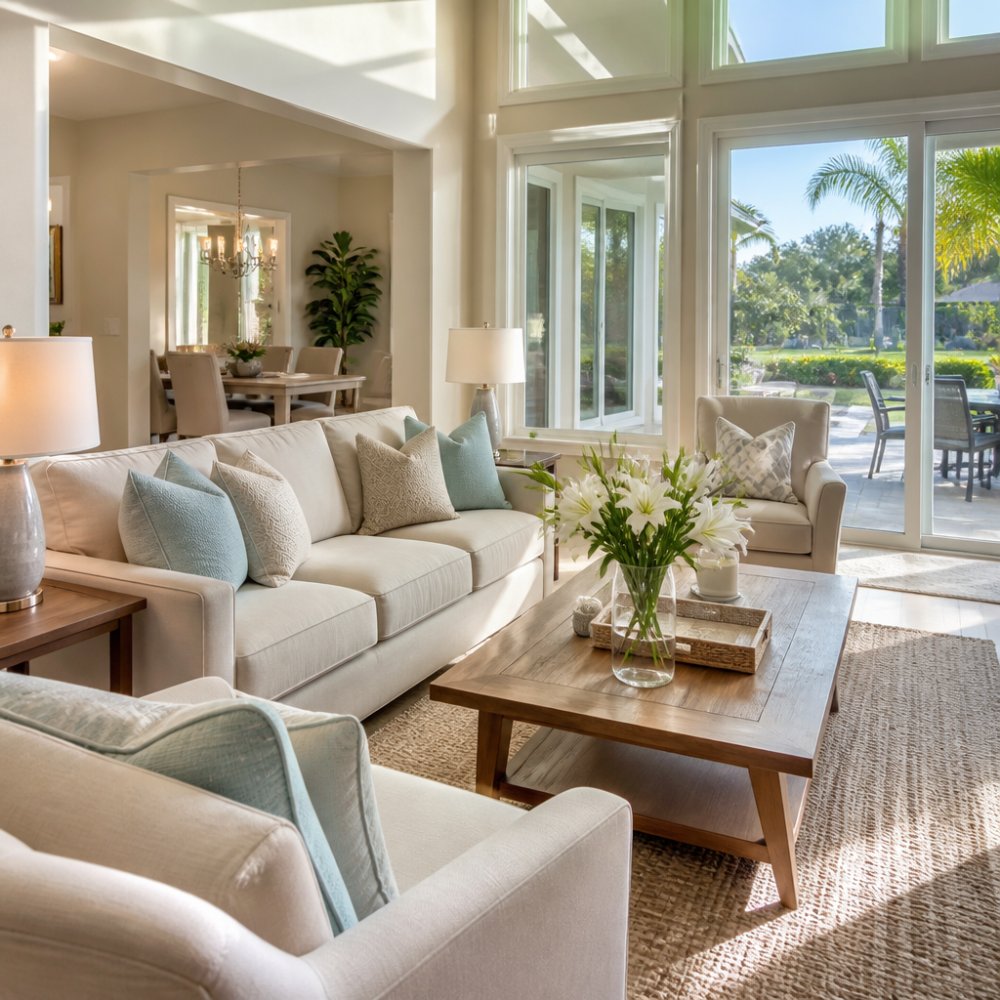 A bright, staged living room in a Florida home with neutral furniture, fresh flowers on a coffee table, and large windows letting in strong afternoon sunlight
