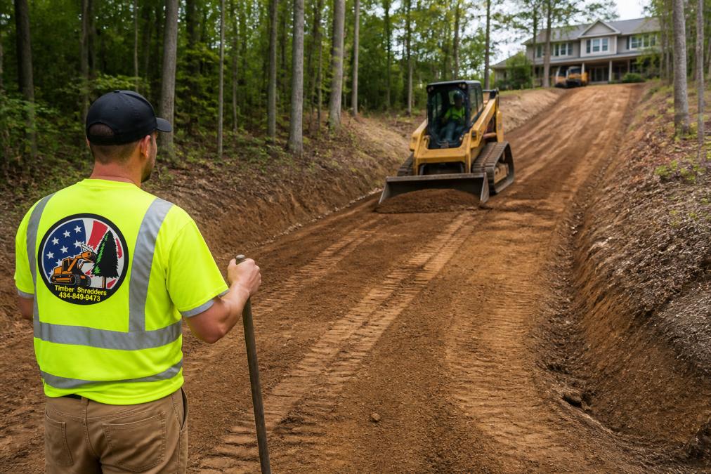 A graded driveway site showing proper slope and drainage patterns with freshly compacted earth, visible grading work transitioning from higher to lower elevation, and clear drainage direction away from structures