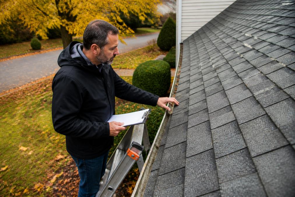 A homeowner standing on a sturdy ladder at the edge of a house roof on a clear autumn day, inspecting gray asphalt shingles with a clipboard in hand, fallen leaves visible in the yard below