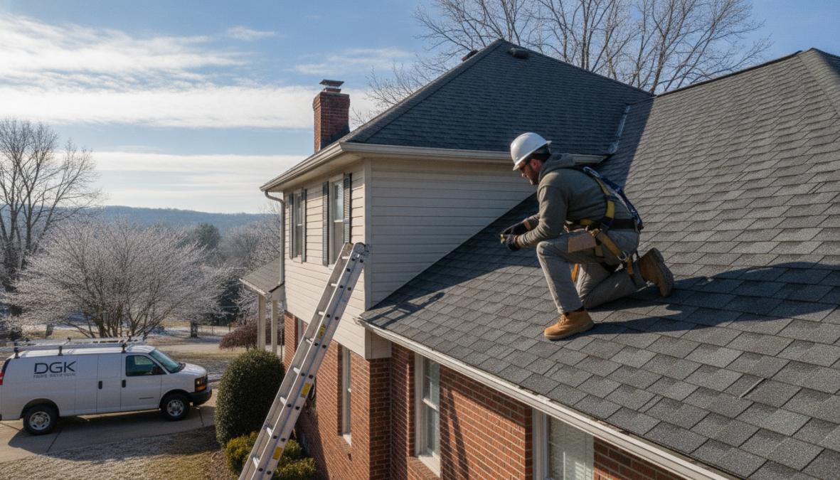 Professional roofing contractor in safety harness and hard hat inspecting residential roof shingles and metal flashing on a clear autumn day, checking for damage and winter readiness