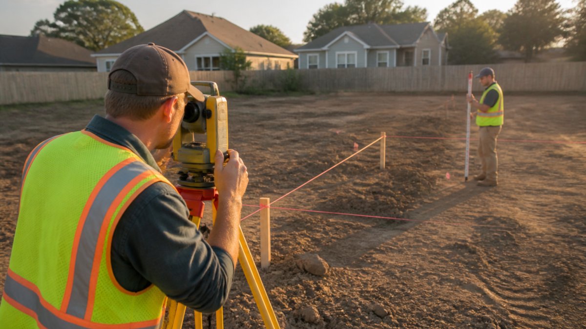 Professional surveyor using transit equipment to mark property lines on a residential lot with wooden stakes and string, afternoon sunlight casting shadows across the cleared land
