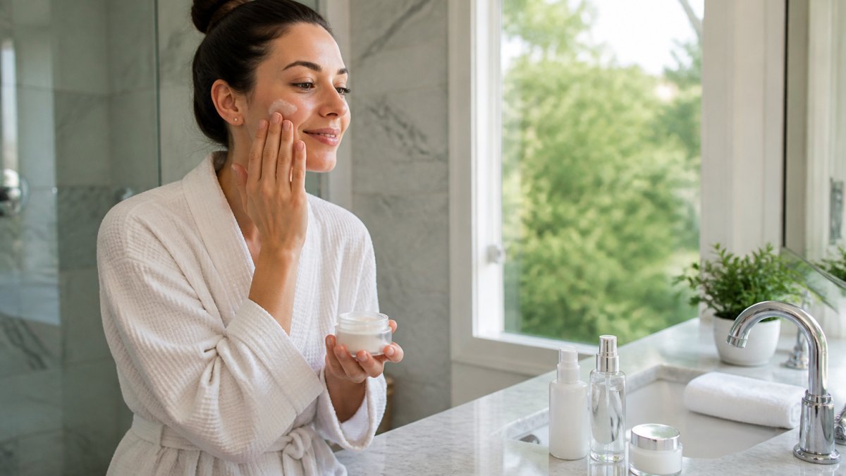 A woman in a bright bathroom carefully applying a gentle moisturizer to her face, with skincare products arranged neatly on the counter and natural light coming through the window