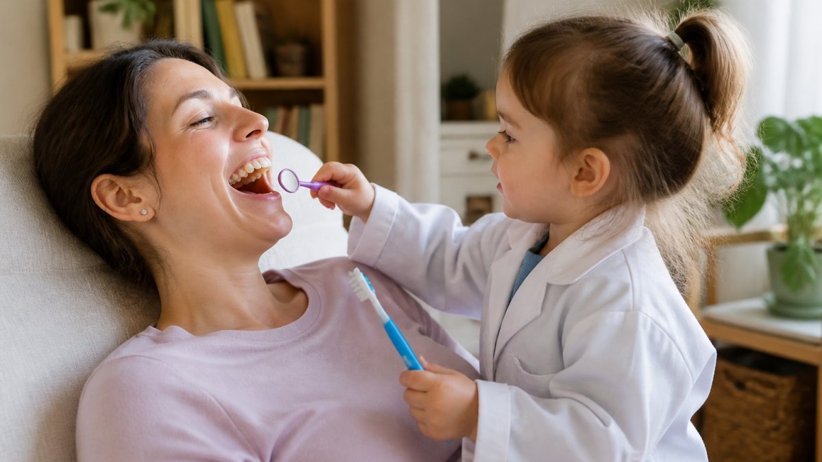 Parent and young toddler smiling while playing dentist at home, with parent leaning back in chair and child holding a toy mirror and soft toothbrush, practicing counting teeth in bright, cheerful home setting Parent and young toddler smiling while playing dentist at home, with parent leaning back in chair and child holding a toy mirror and soft toothbrush, practicing counting teeth in bright, cheerful home setting