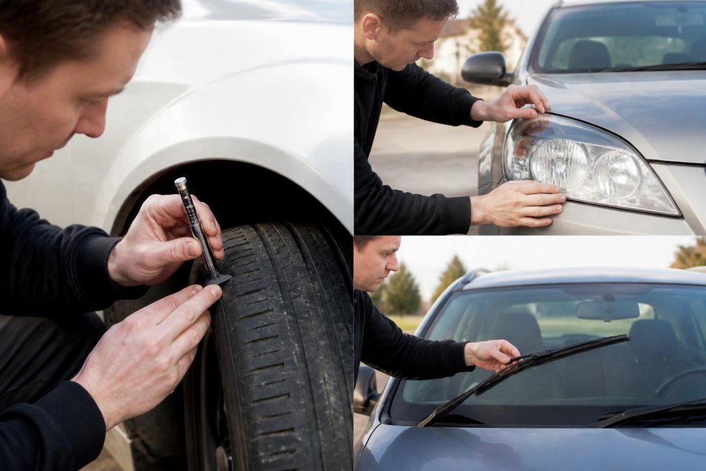 Vehicle owner checking tyre tread depth with a gauge, examining headlights and windscreen wipers in natural daylight
