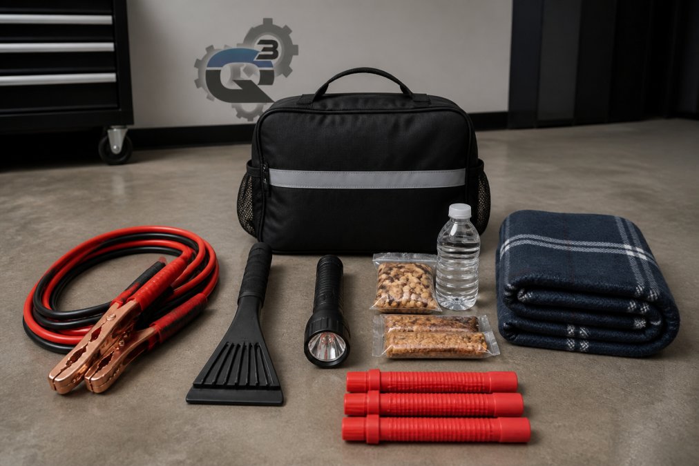 Infographic checklist of essential items for a winter driving emergency kit laid out on a garage floor.