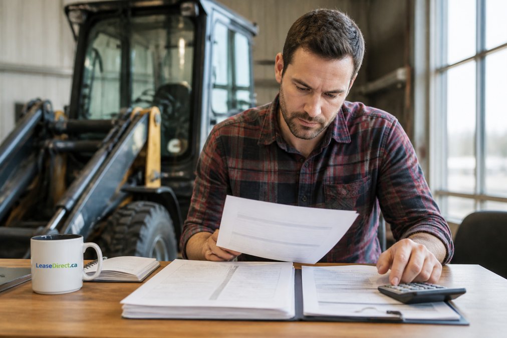 Small business owner reviewing financial documents and lease agreements at a desk with equipment visible in the background, organized workspace with natural light from windows