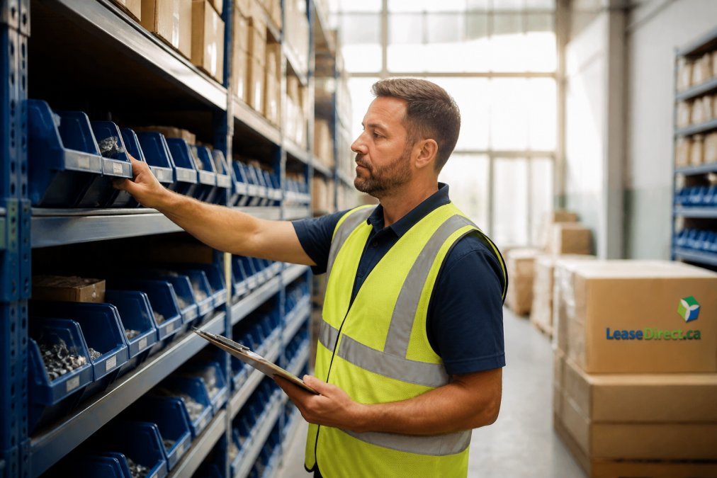 Warehouse worker systematically checking and organizing inventory on shelves, modern storage facility with clear labeling systems and efficient layout, daylight from industrial windows