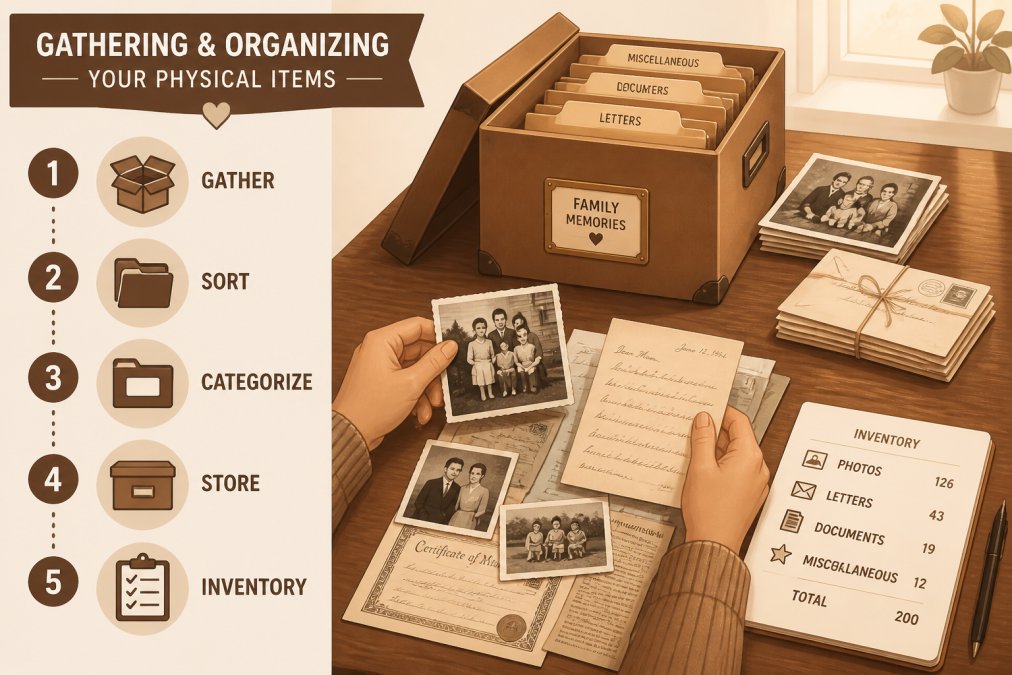Person's hands carefully sorting through old family photographs, letters, and documents spread across a wooden table with an archival storage box nearby, natural afternoon light