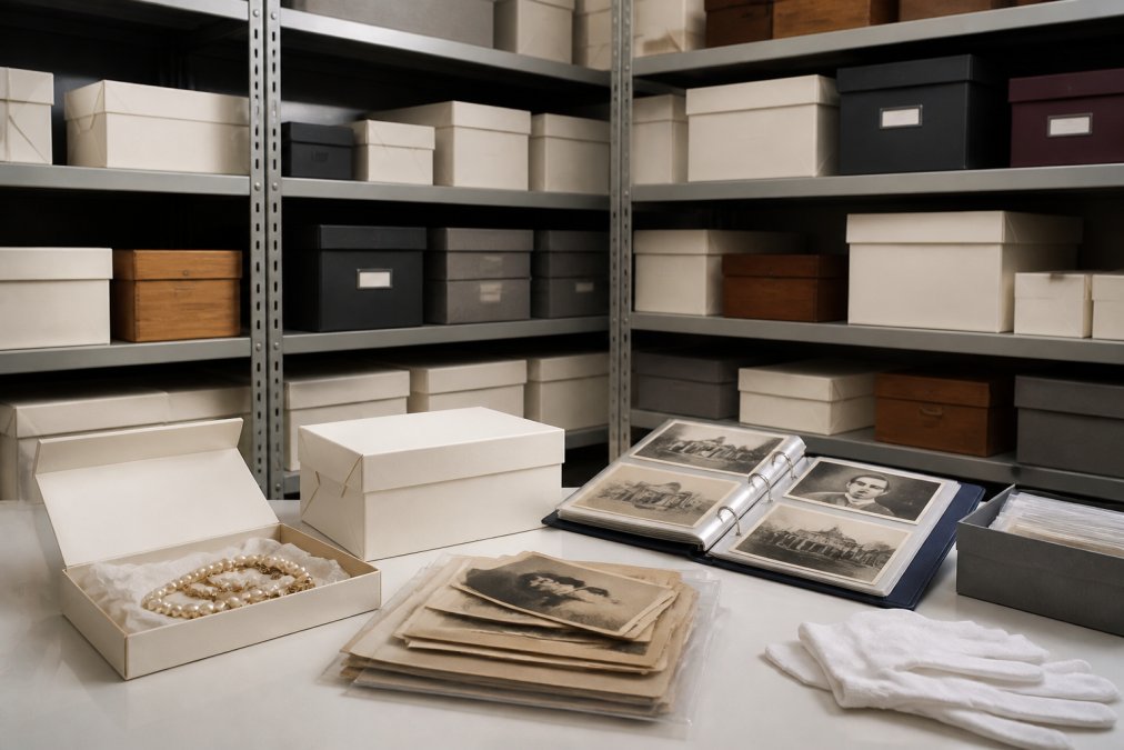 Climate-controlled storage area with archival-safe boxes, acid-free sleeves, and family heirlooms including vintage jewelry and photographs arranged on shelves with stable temperature and humidity levels