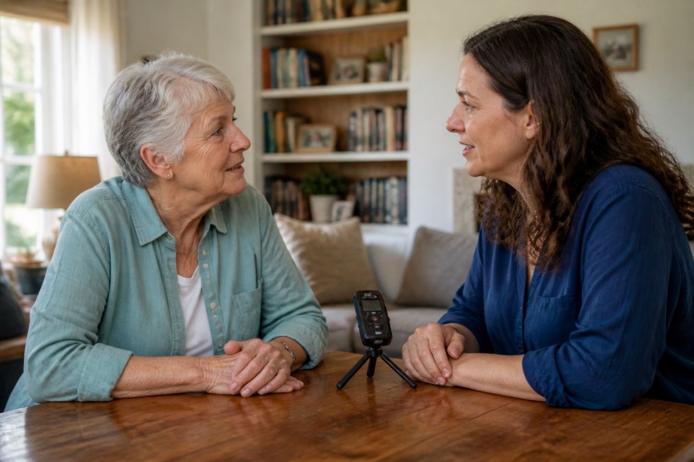 Older adult speaking with adult child in comfortable home setting, recording device on wooden table between them, warm afternoon light from window, both leaning forward engaged in conversation