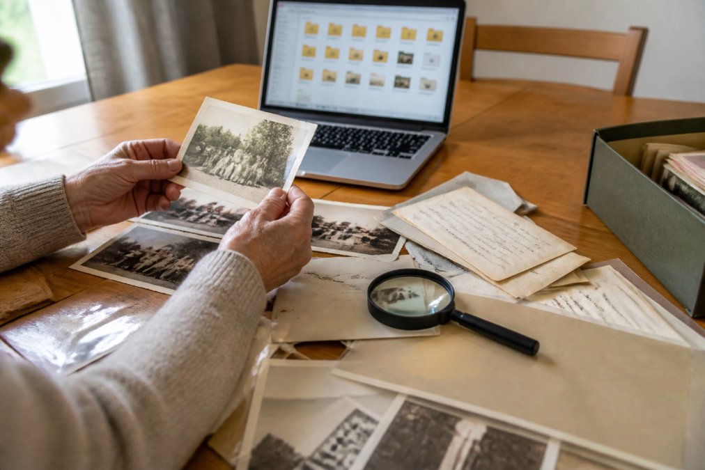 Hands carefully organizing old family photographs, letters, and documents on wooden table, laptop nearby showing digital files, soft natural light from window, magnifying glass visible among papers