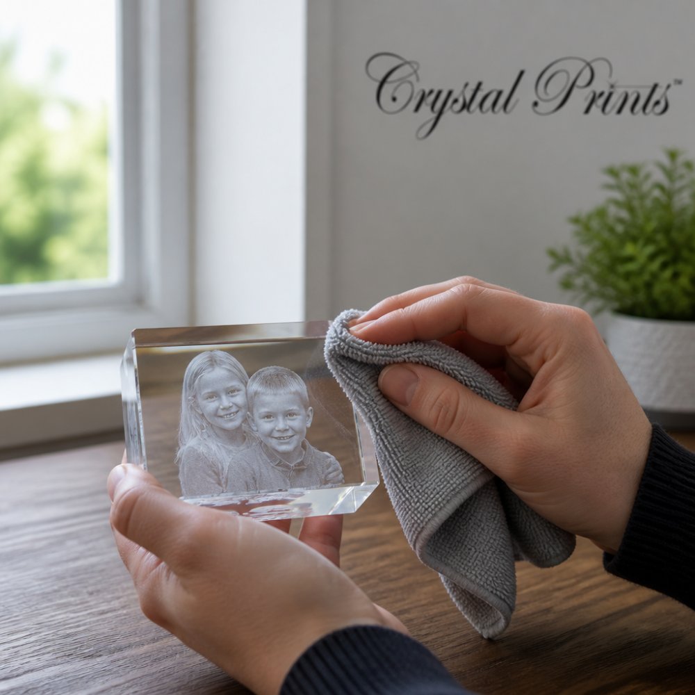 Step-by-step infographic showing how to clean crystal to preserve memories using a microfiber cloth.