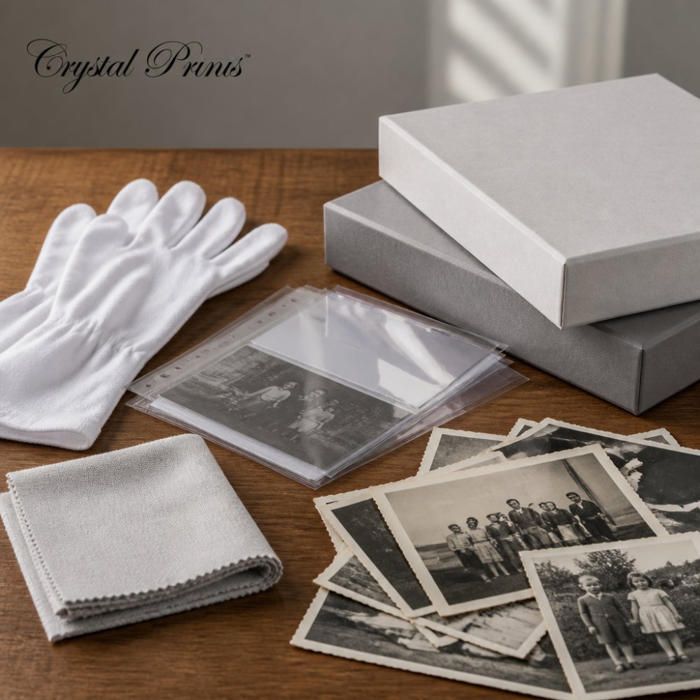 Close-up of archival storage materials including acid-free boxes, polyester sleeves, cotton gloves, and microfiber cloth arranged on a wooden surface with vintage family photos