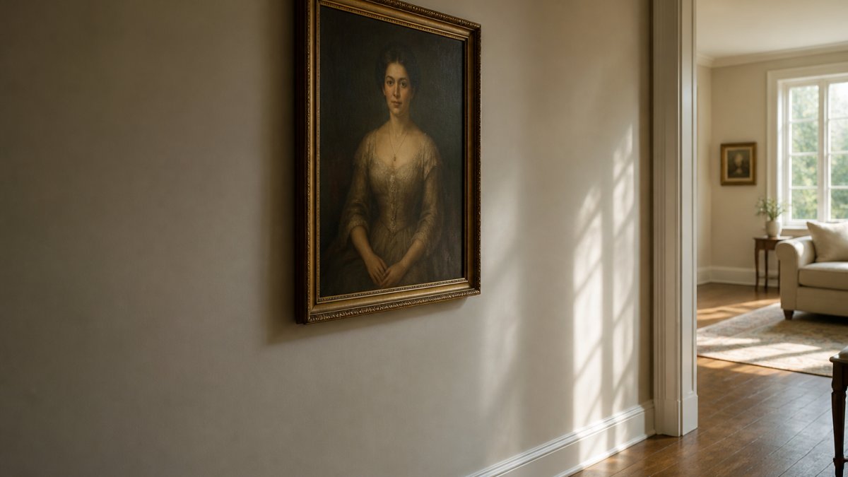 Framed portrait hung on an interior wall safely away from direct sunlight near a distant window