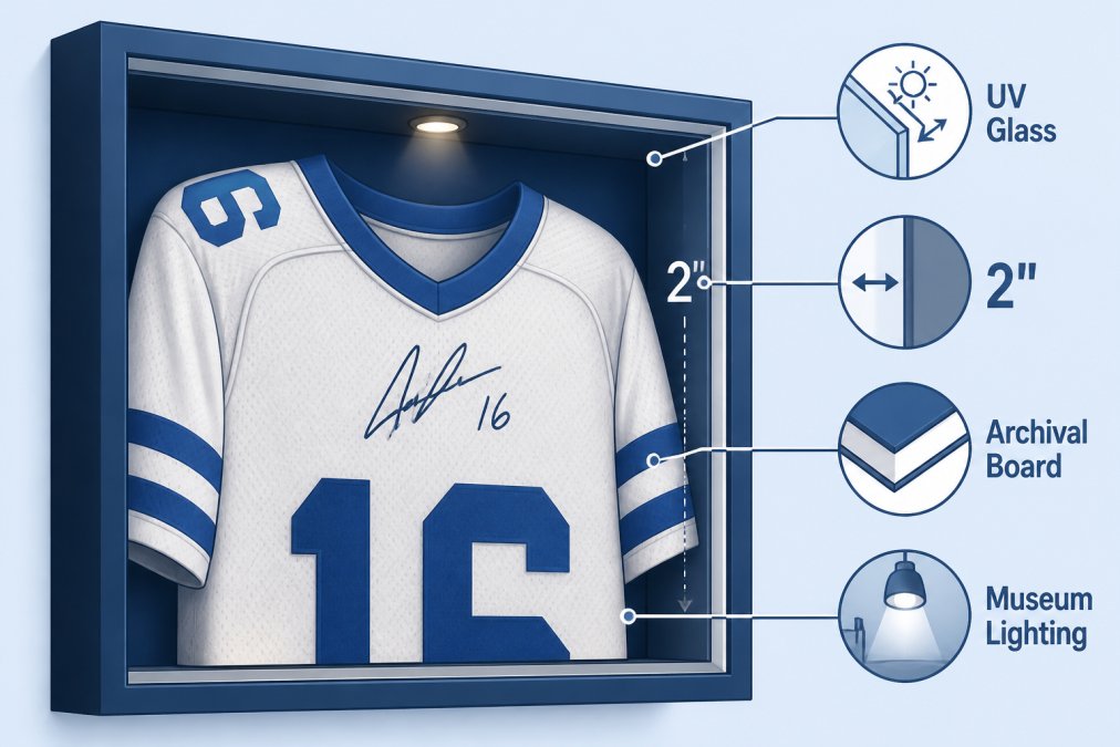 Close-up of a signed sports jersey professionally mounted in a shadow box frame with UV-protective glass, showing proper spacing between fabric and glass, archival mounting board visible, natural museum lighting illuminating the signature