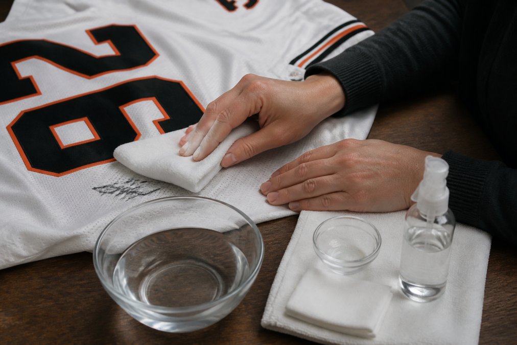 Hands gently spot-cleaning a signed sports jersey with a soft, lint-free microfiber cloth and archival cleaning solution, demonstrating light pressure and careful technique around the signature area