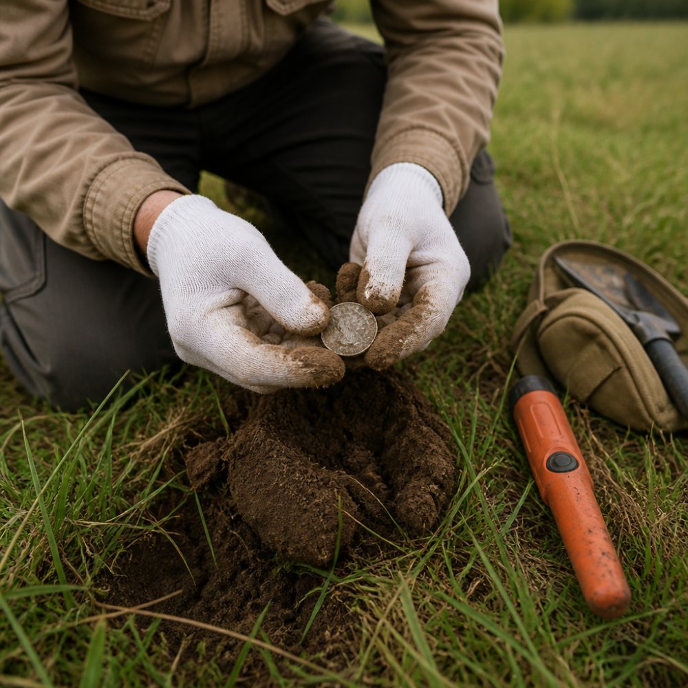 Close-up of a metal detectorist wearing cotton gloves carefully lifting a dirt-covered silver coin from a dug plug of soil, with a pinpointer and finds pouch visible on the ground beside them