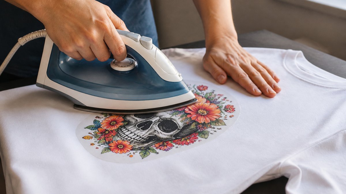 Step-by-step guide showing firm pressure with a household iron to apply a colorful transfer onto a cotton t-shirt