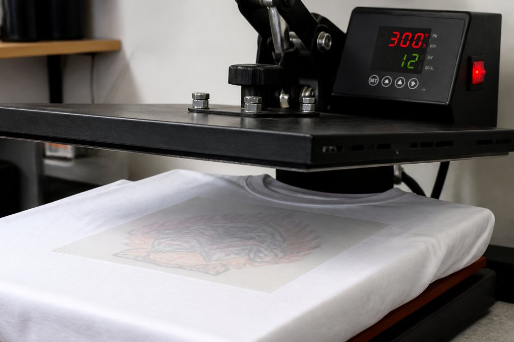 Close-up of a heat press machine digital display showing 300°F temperature and a 12-second timer countdown, with a white cotton t-shirt positioned on the lower platen and a DTF transfer film placed ink-side down on the chest area, studio lighting highlighting the transfer film texture