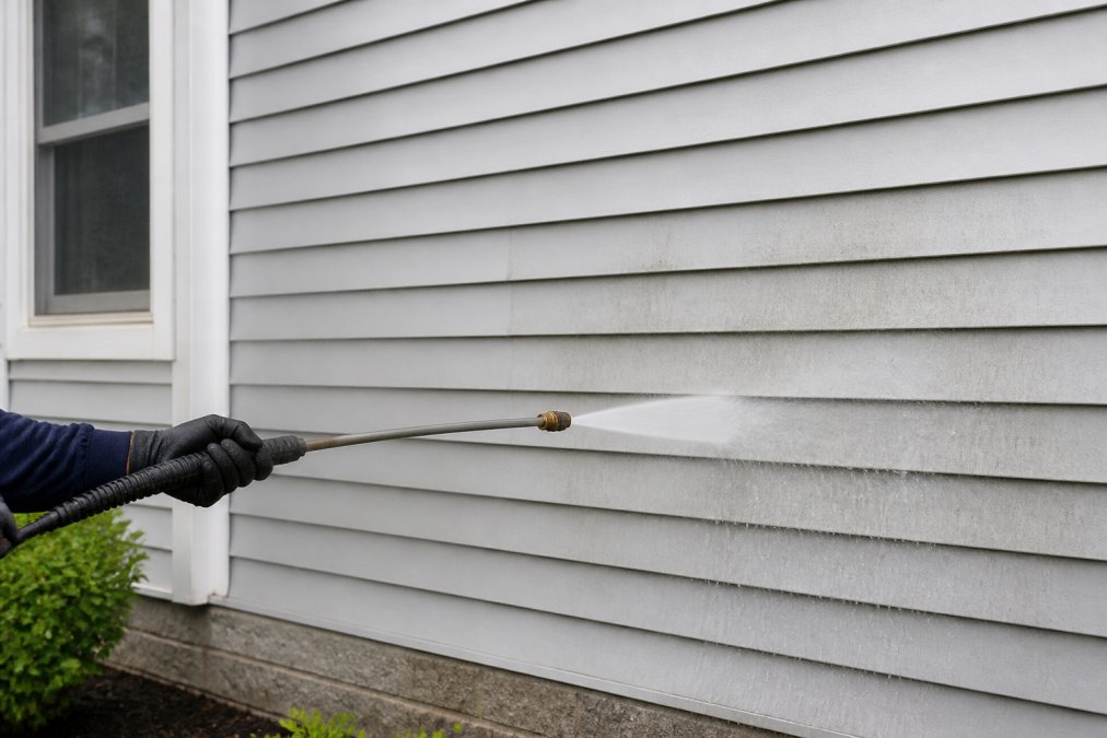 A gloved hand holding a pressure washer wand at a low angle, spraying water horizontally across vinyl siding on a residential home, with clear water runoff and no visible damage to the panels