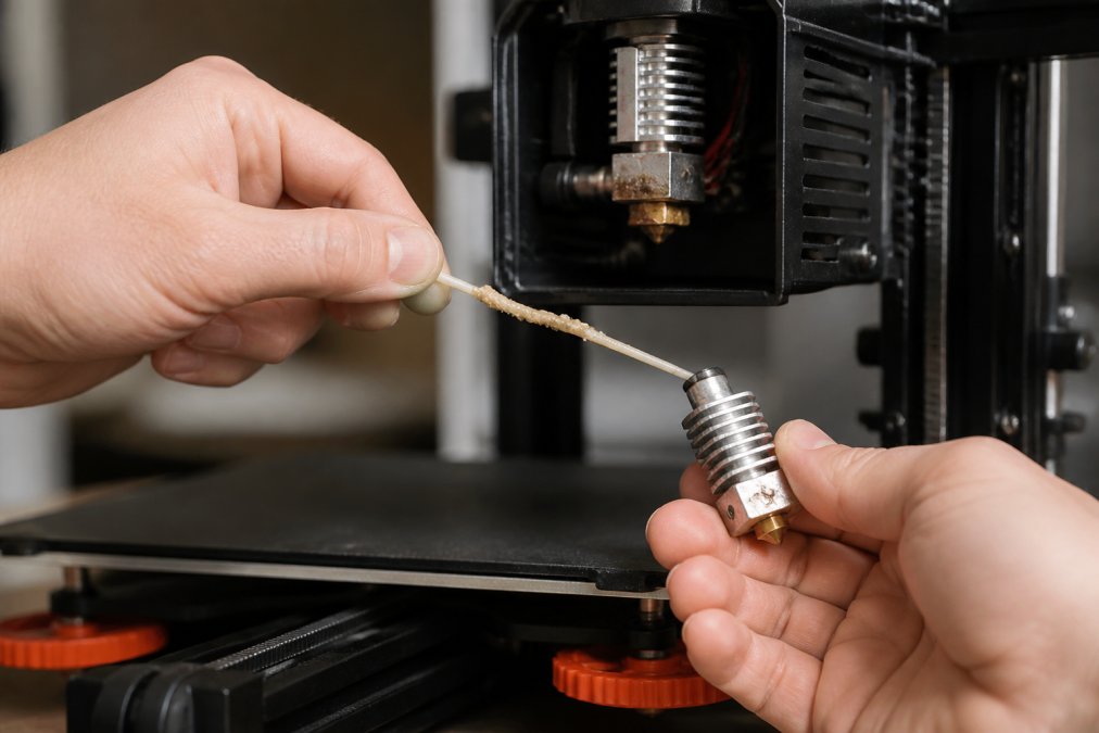 Hands performing a cold pull technique on a 3D printer hot end with the nozzle assembly partially disassembled, showing extracted filament with hardened material attached