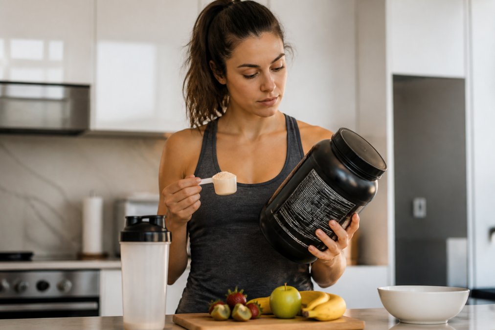 Person in a bright kitchen checking a protein powder label to help prevent acne while preparing a healthy shake.
