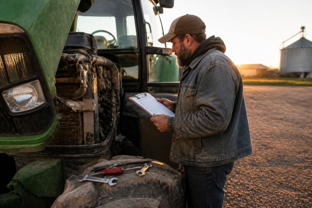 Farmer checking a tractor engine with a maintenance checklist to help prevent agricultural equipment breakdowns in Iowa