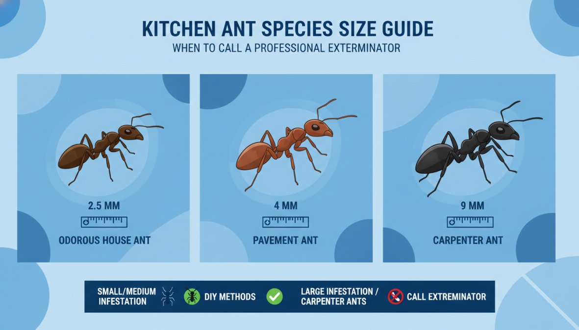 Side-by-side close-up comparison of three ant species on a white surface: a small odorous house ant, a medium pavement ant, and a large carpenter ant, with size reference markers, under bright macro photography lighting