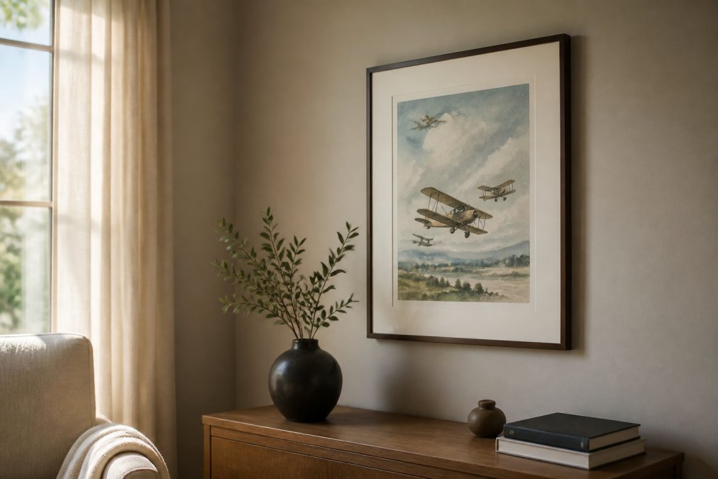 Interior room with a framed watercolor print positioned on a wall away from a bright window, receiving soft ambient lighting from the side, with neutral furnishings and warm interior tones