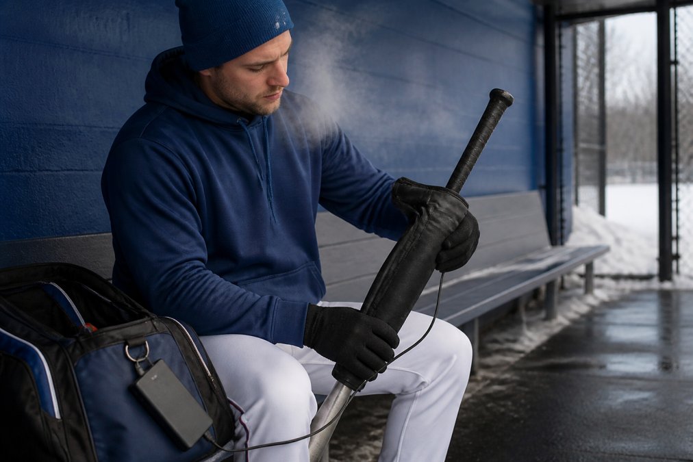 Baseball player using a heated sleeve on a composite bat to prevent baseball bat cracking in cold weather.